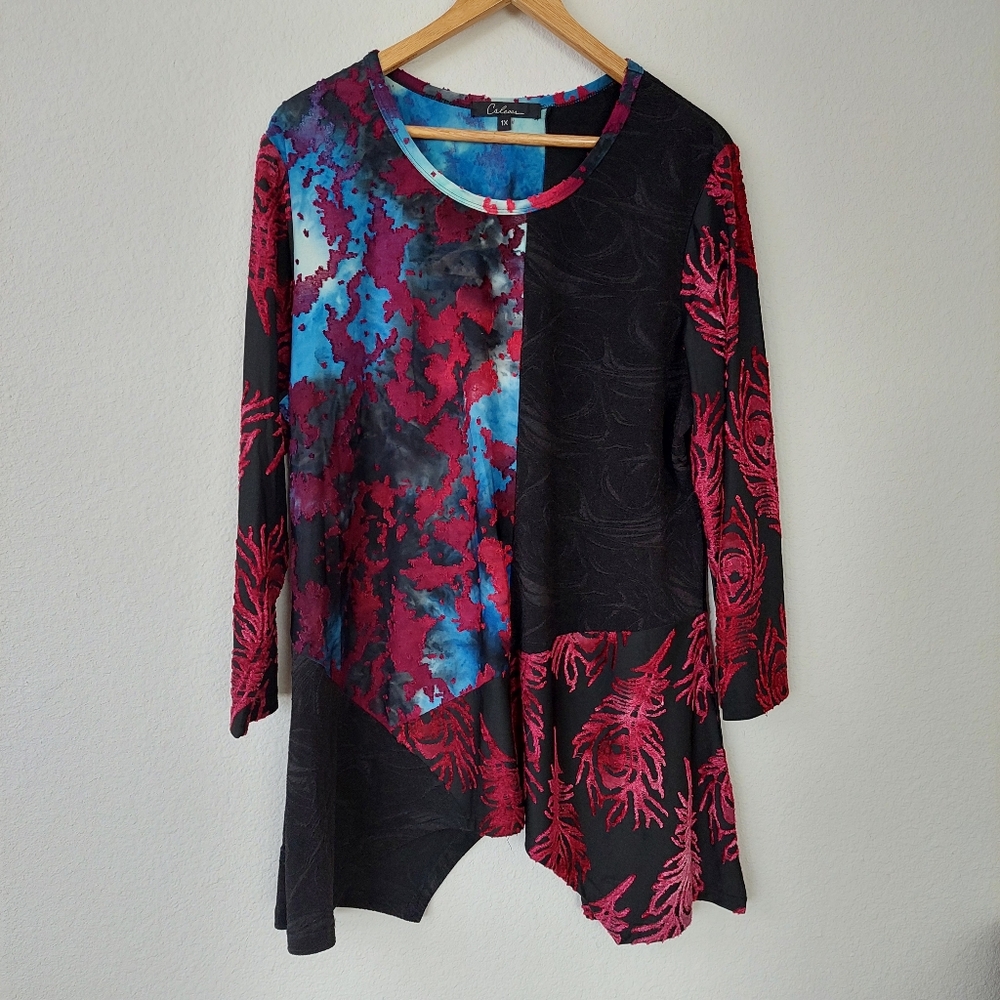 Calessa‎ Burnout Velvet Asymmetrical Mix Art Tunic Top Size 1X